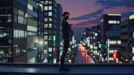cyberpunk woman on rooftop at night