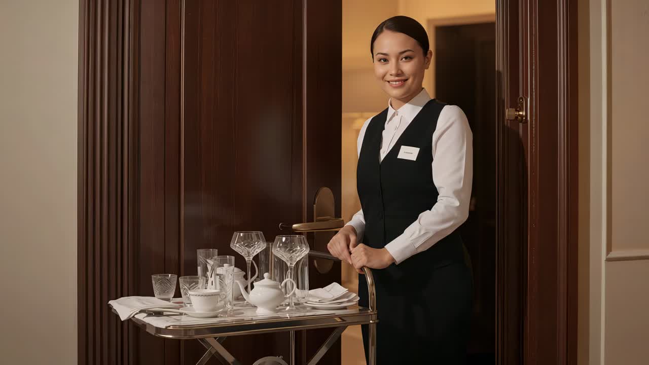 Entering server in vest pushing trolley at doorway, smiling and adjusting grip with tea, copy space