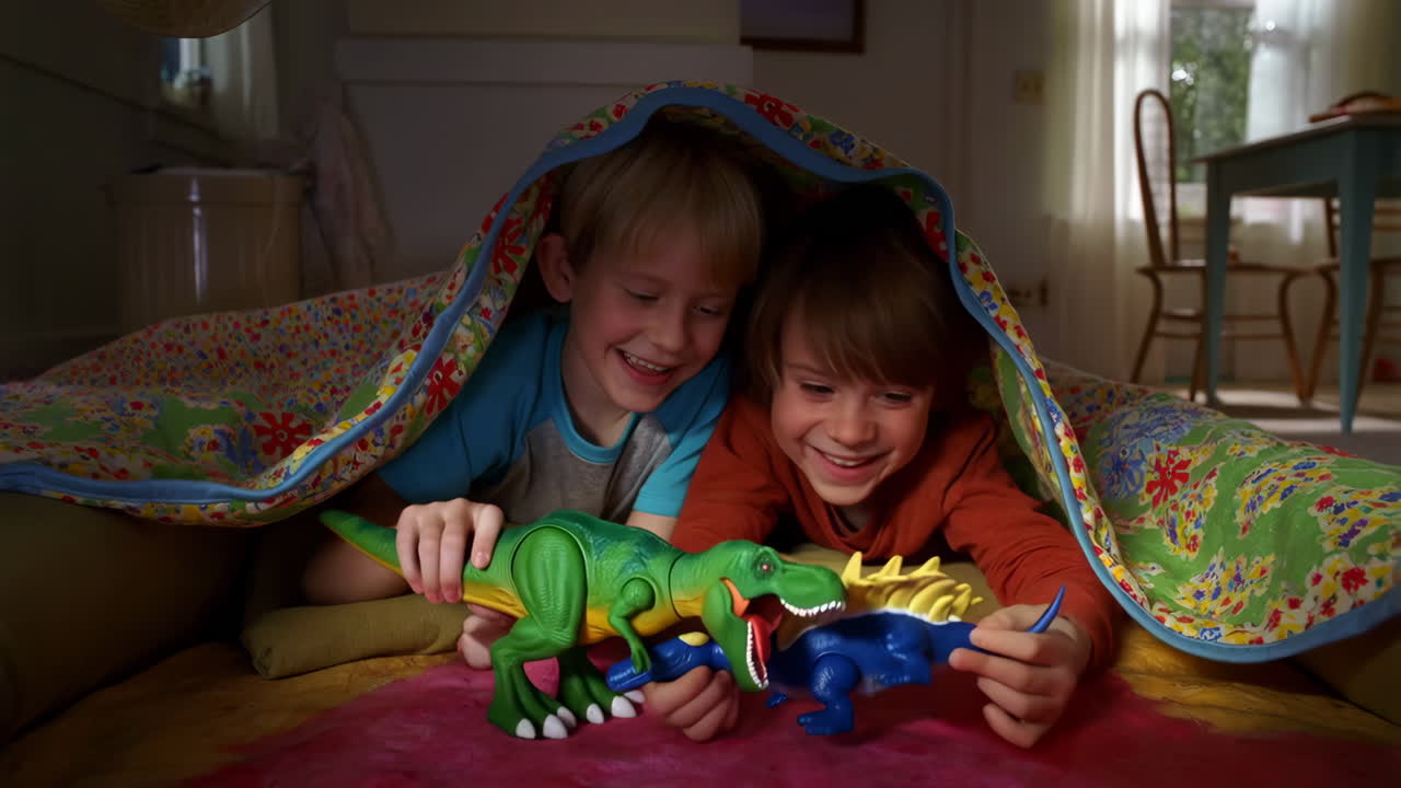 Two boys playing with dinosaur toys under a blanket fort