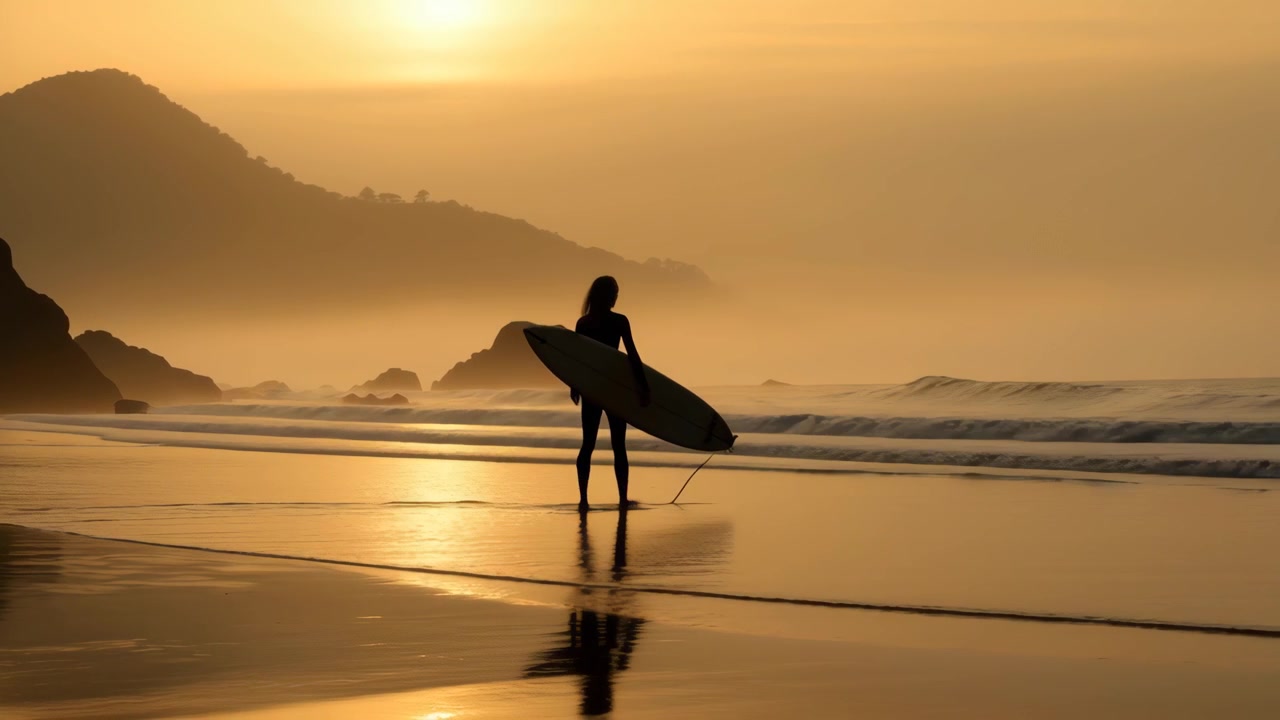 Silhouette di una surfista che cammina sulla spiaggia al tramonto dorato