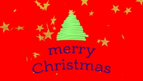 Animation-of-merry-christmas-text-with-christmas-tree-and-stars-on-red-background