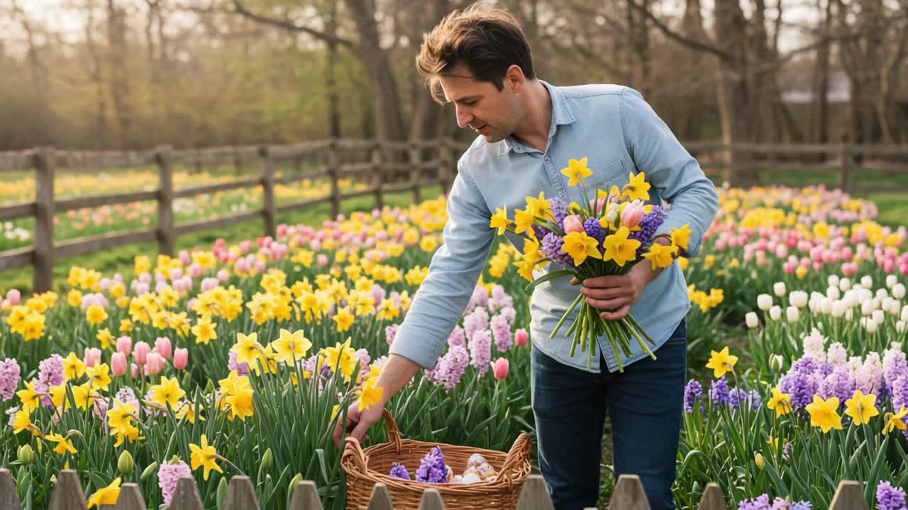 A Joyful Day in a Flower Garden: A Man Collects Colorful Bouquets Amidst Vibrant Blooms, Surrounded by the Beauty of Nature and Companionship