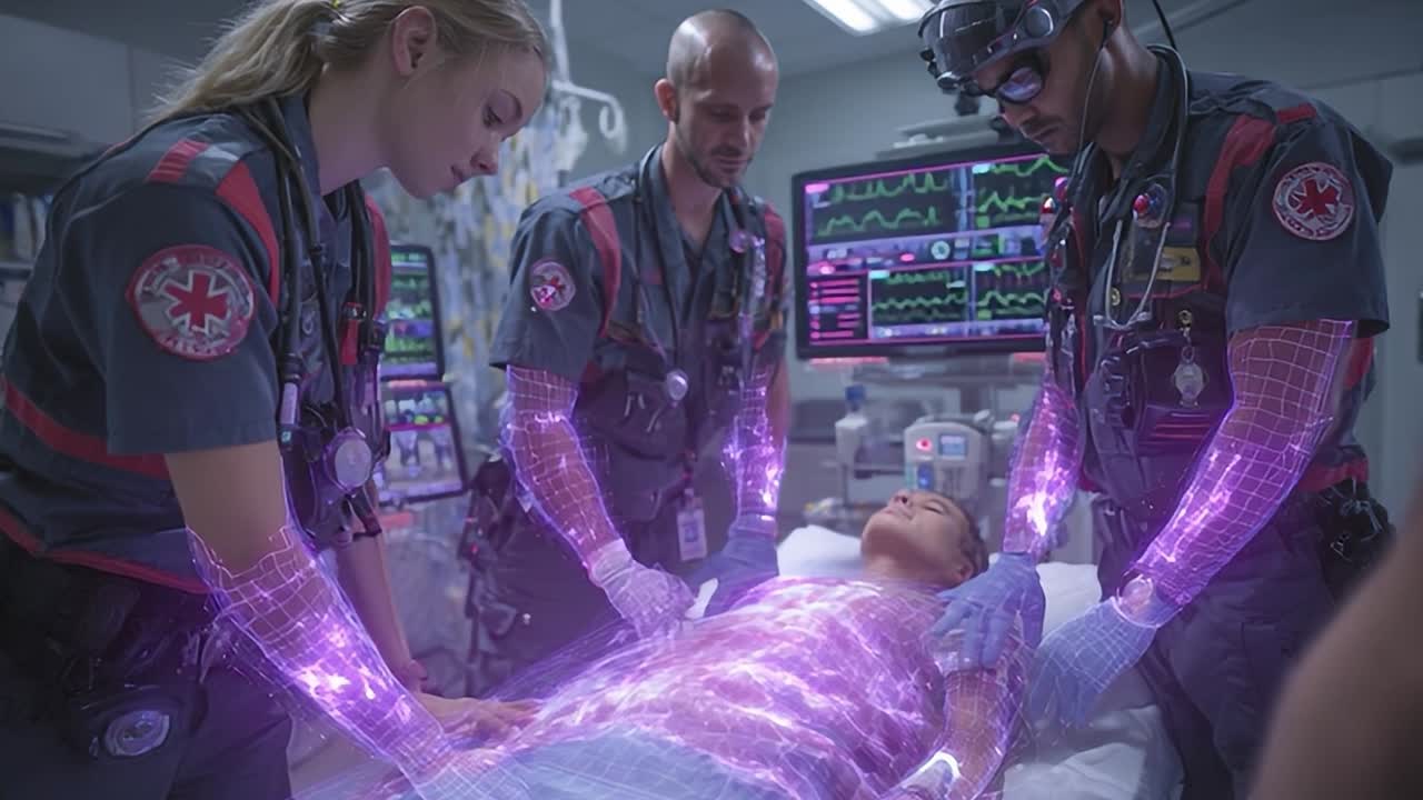 Un team medico di emergenza utilizza tecnologie avanzate per curare un paziente