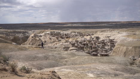 Lonely-Female-in-Bisti-De-Na-Zin-Wilderness,-New-Mexico,-USA,-Scenic-Dry-Desert-Landscape-and-Sandstone-Rock-Formations-Under-Cloudy-Sky