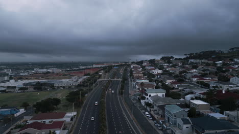 Drone-Shot-of-Cloudy-Highway-in-Cape-Town,-South-Africa
