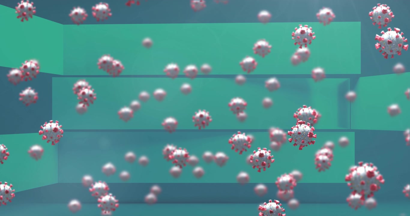 Animazione di più icone di cellule covid-19 fluttuanti con spazio per il testo su sfondo blu