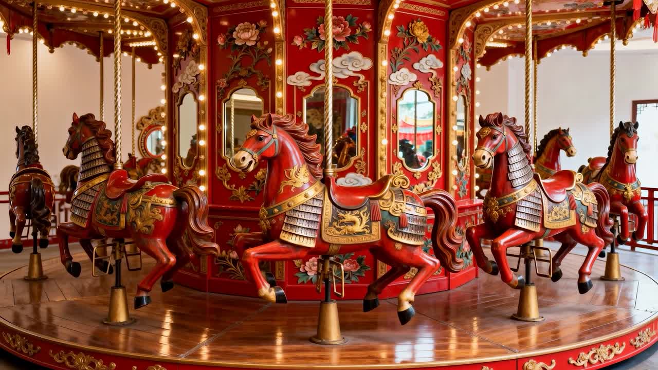 Powering motor turning carousel slowly inside pavilion, showcasing ornate carved red horses