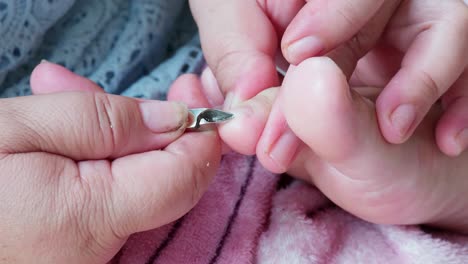 pedicurist master making pedicure cutting cuticle with nail tongs on client's toes in a beauty salon-4