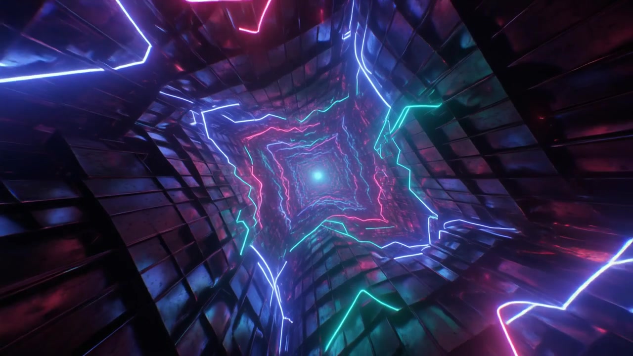 Abstract Neon Light Tunnel with Geometric Patterns