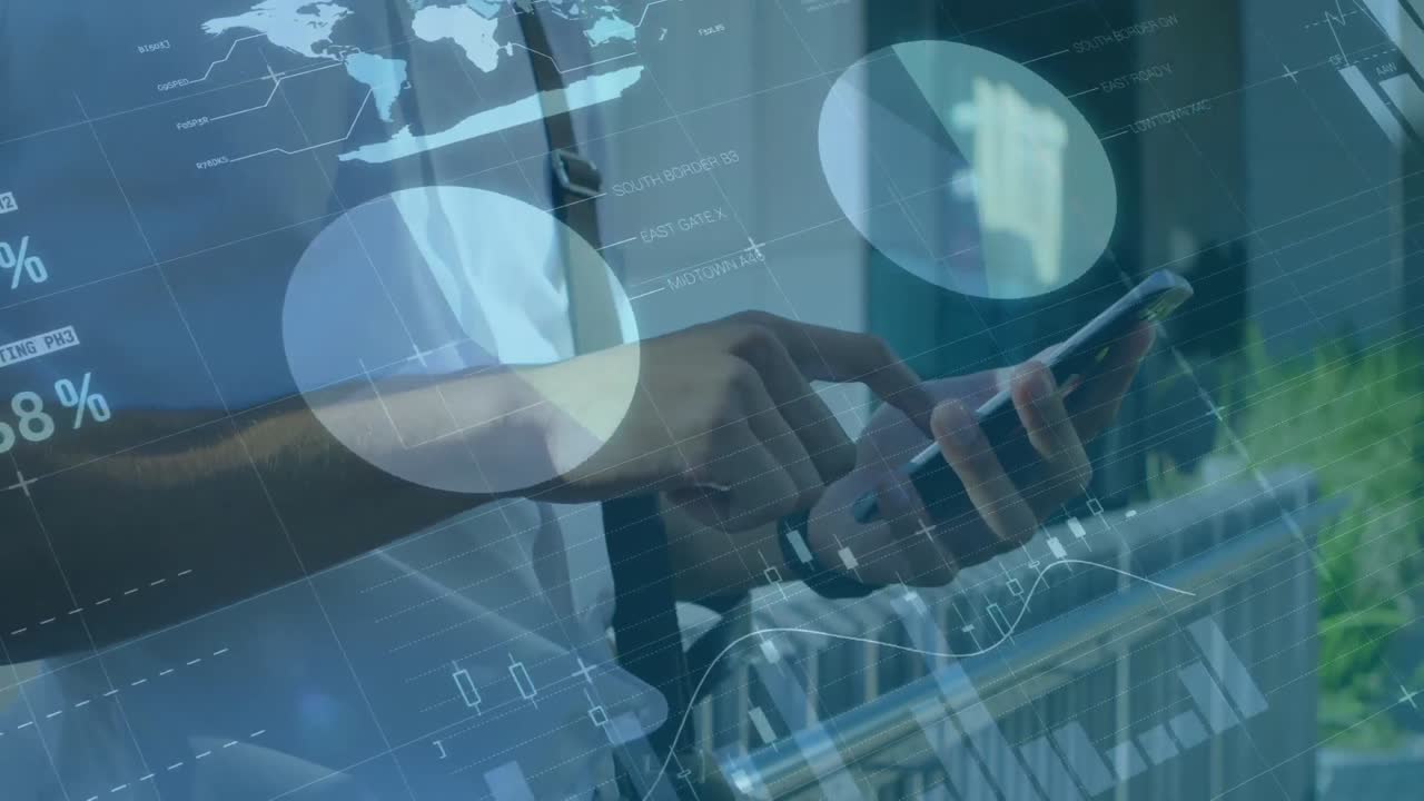 Animation of financial data processing over biracial businessman using smartphone