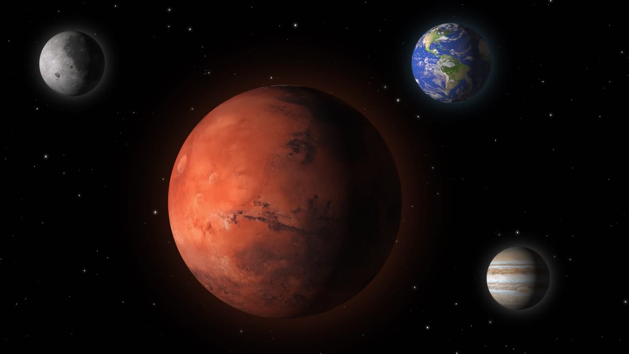 Planet Mars along with Earth and Jupiter against a backdrop of space 3D representation