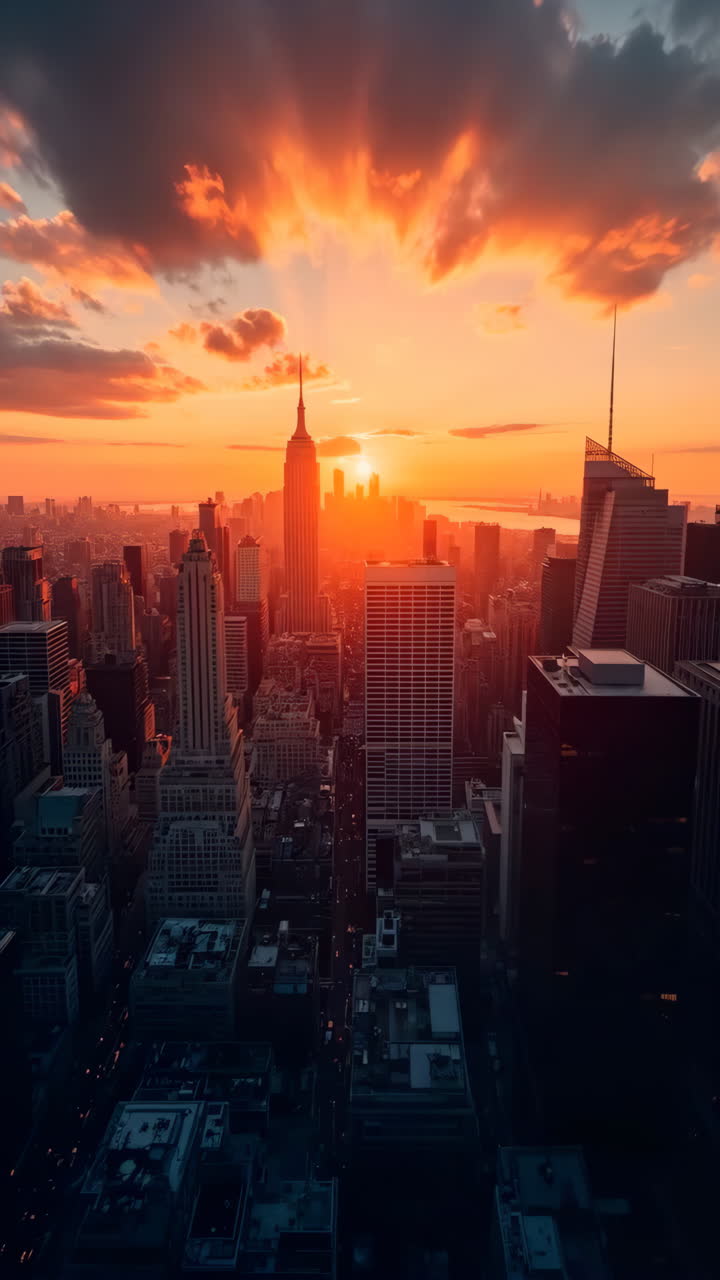 O horizonte da cidade de Nova York ao pôr-do-sol com o Empire State Building
