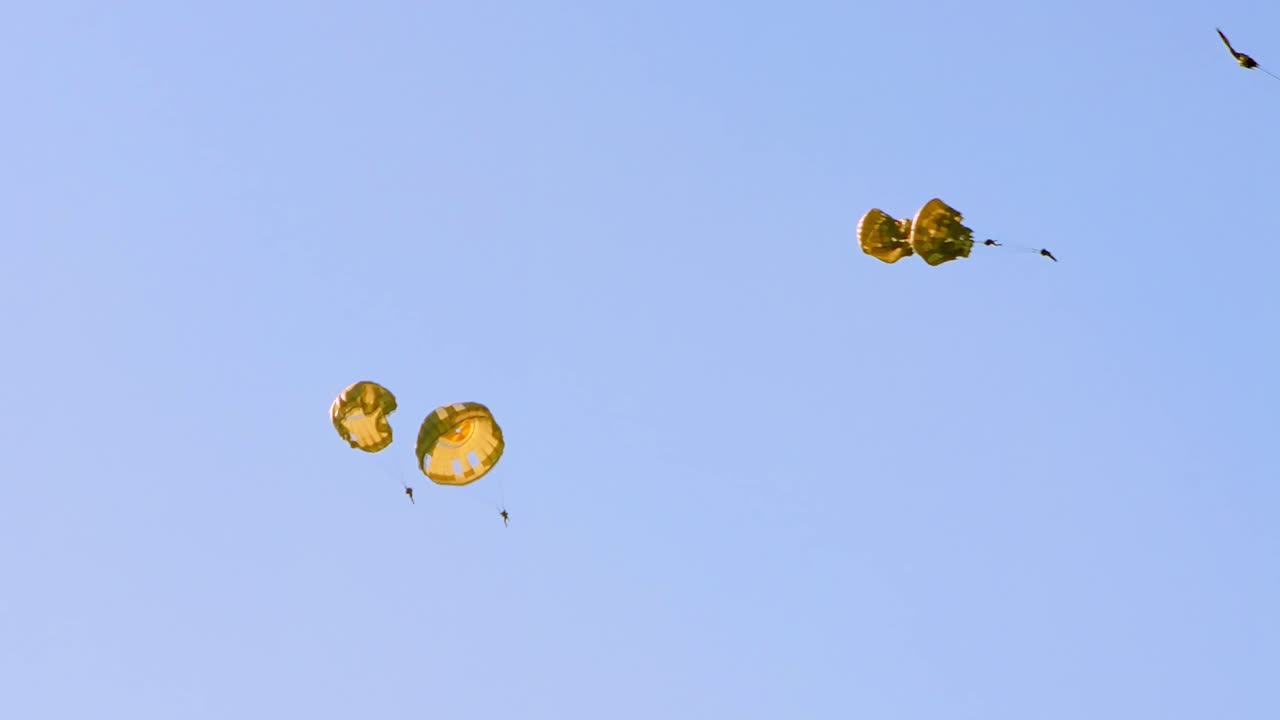 Military C-130 Hercules is shown releasing paratroopers and cargo during an airborne mission. This tactical operation showcases capabilities of the aircraft for troop deployment and logistics support