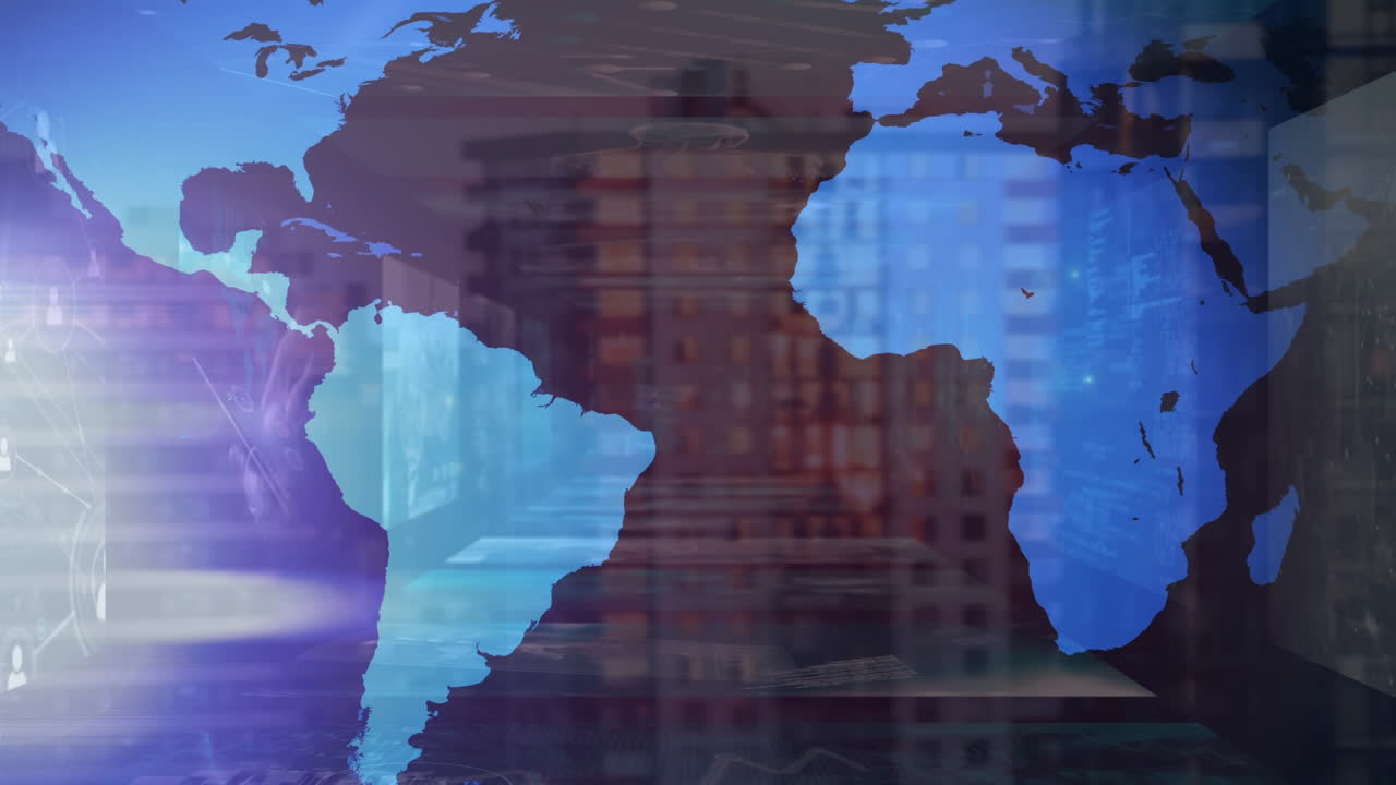 animación del mapa del mundo sobre el paisaje urbano