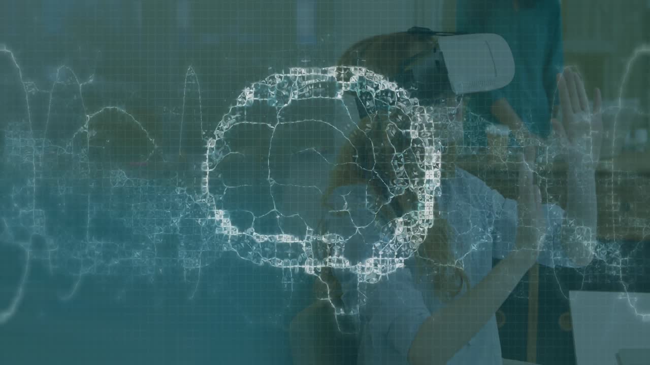Animation of brain scan and medical data processing on interface, over woman using vr headset