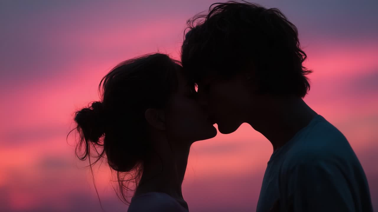 A Romantic Silhouette Against a Stunning Sunset: Capturing the Intimacy of Two Souls as They Lean in for a Sweet Kiss at Dusk
