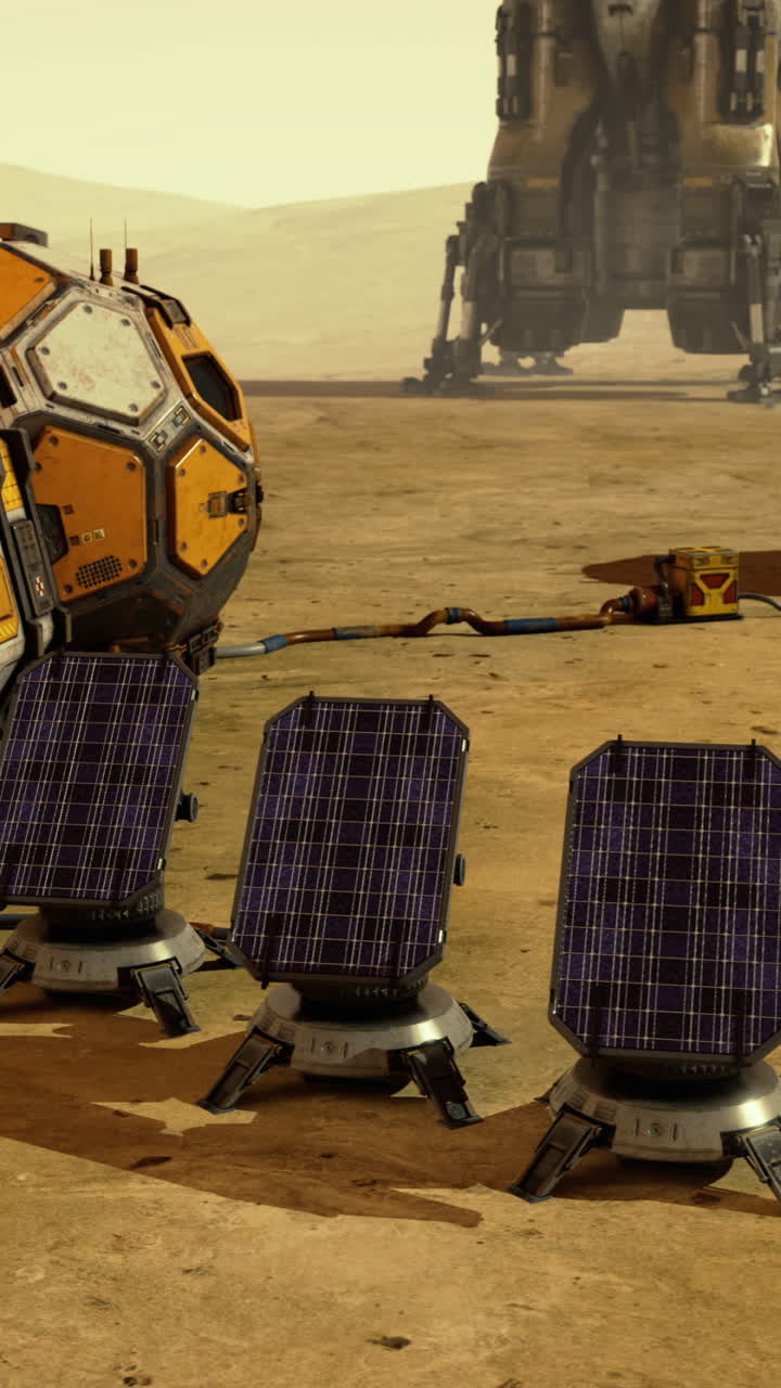 Exploration modules and solar panels on the surface of mars
