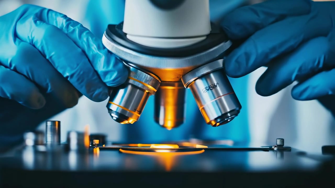 Researcher Adjusting Objective Lens on a Laboratory Microscope