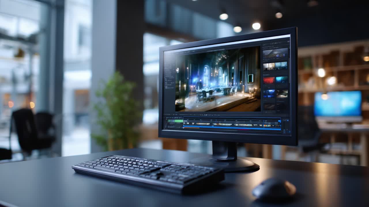 Un'area di lavoro moderna con uno schermo di computer che mostra un software di editor di video in un ambiente elegante, che mette in risalto la creatività high-tech e la produttività