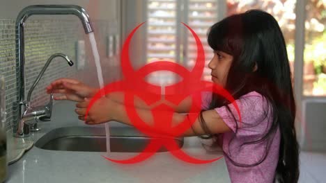 animation of red health hazard sign over girl washing hands in the background.