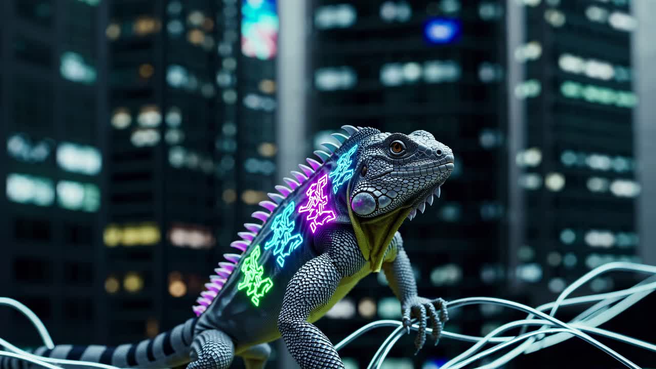 Cyberpunk Iguana in a Futuristic Cityscape