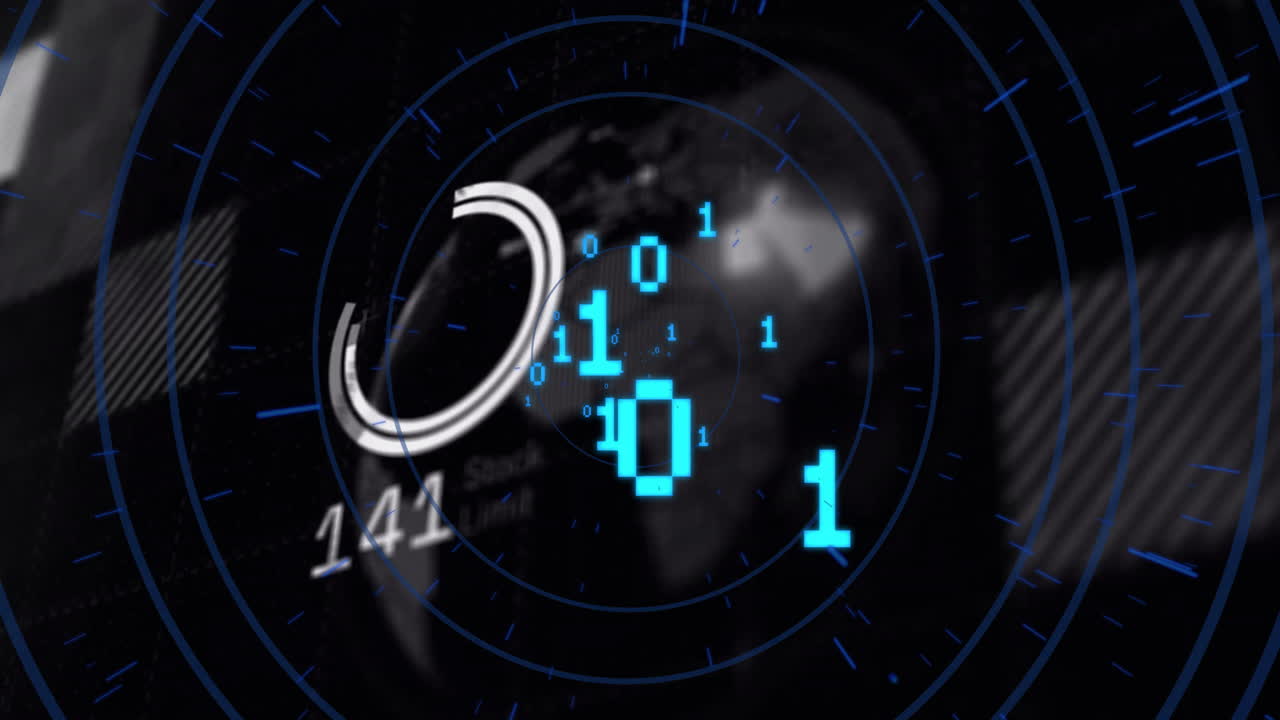 Animation of data processing and globe over black background