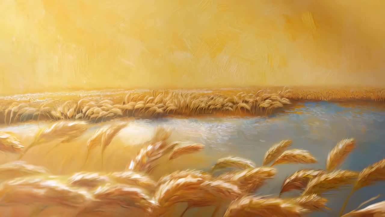 Golden Wheat Field by Water - Serene Landscape Painting