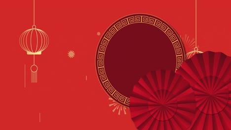 Animation-of-chinese-pattern-and-decoration-on-red-background