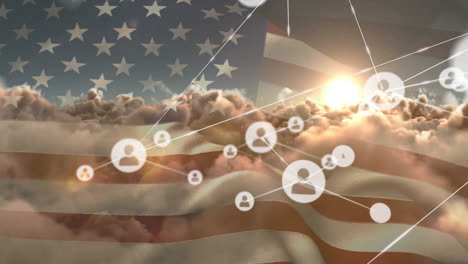 American-flag-and-network-connections-animation-over-clouds-and-sunlight