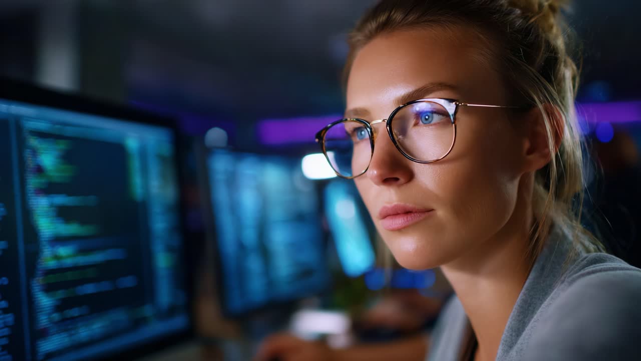 Focused Programmer Analyzing Data on Multiple Screens with Deep Concentration and Calm Presence in a High-Tech Environment for Software Development and Coding