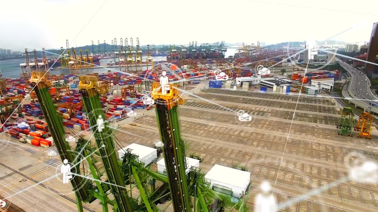 animación de la red de conexiones con iconos sobre el puerto