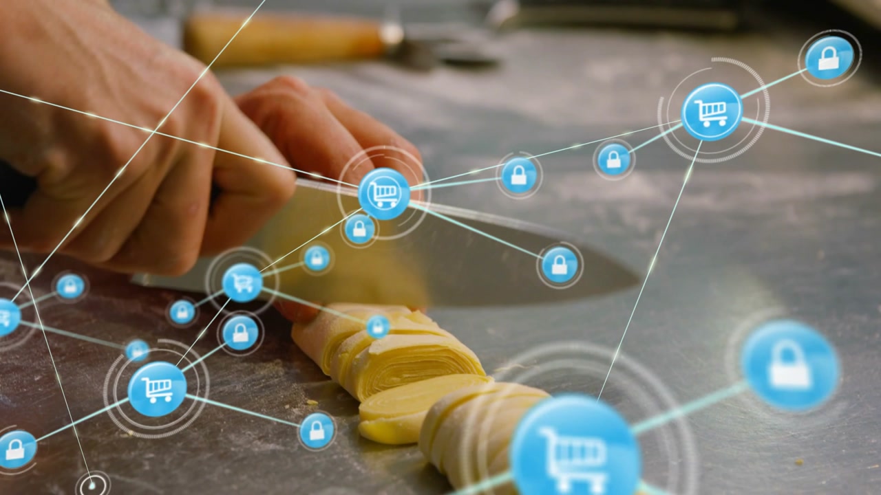 Hand holding roll starting knife slicing rounds as cart and lock icons connecting, showing security