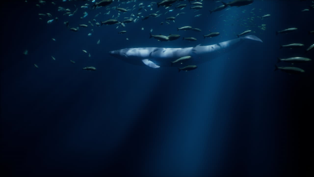 고래와 깊은 바다의 물고기 무리