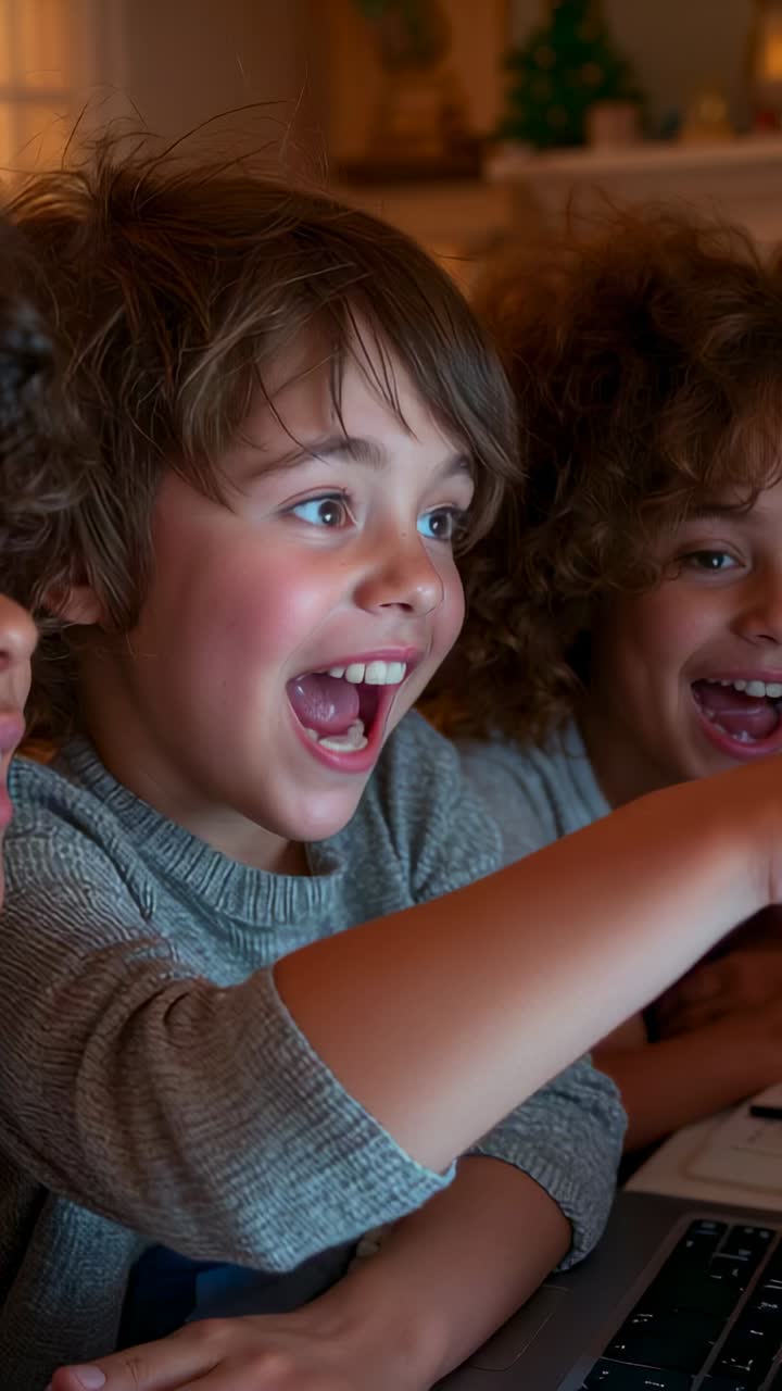 Vertical video: Seeing surprise on laptop screen, two brothers cheering then tracking game at home