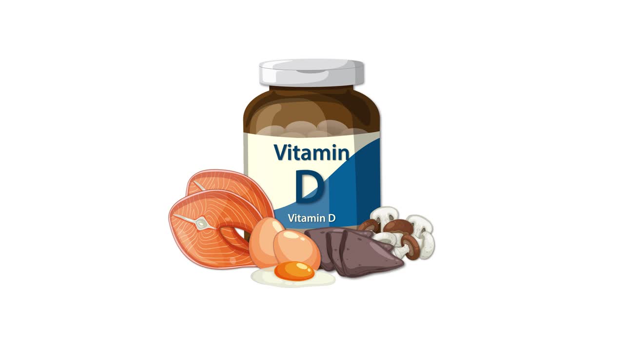 Vitamin D bottle with mushrooms, eggs, and fish on white background, smooth transition, static camera
