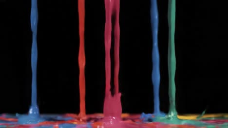 a vibrant display of colorful paint splashes captured in motion, showcasing the dynamic interaction of paint droplets against a dark background.