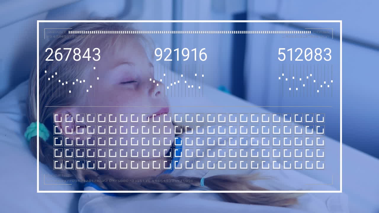 Child patient lying on bed with oxygen mask, showing health interface plotting vital data