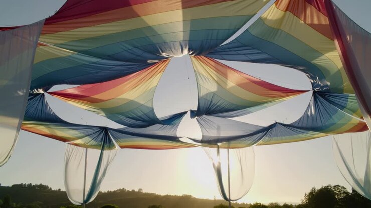 Tenda arcobaleno ondeggiante che forma sacche d'aria dalla brezza, catturando la retroilluminazione del sole basso sulle colline, pannelli.
