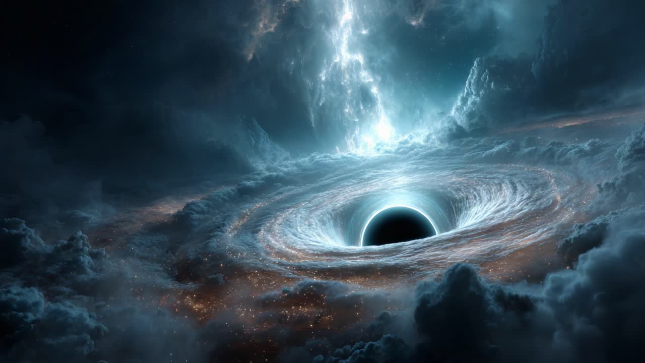 A captivating cosmic phenomenon unfolds, depicting the dramatic interplay of light and dark around a swirling black hole, surrounded by vivid, ethereal clouds and stellar formations