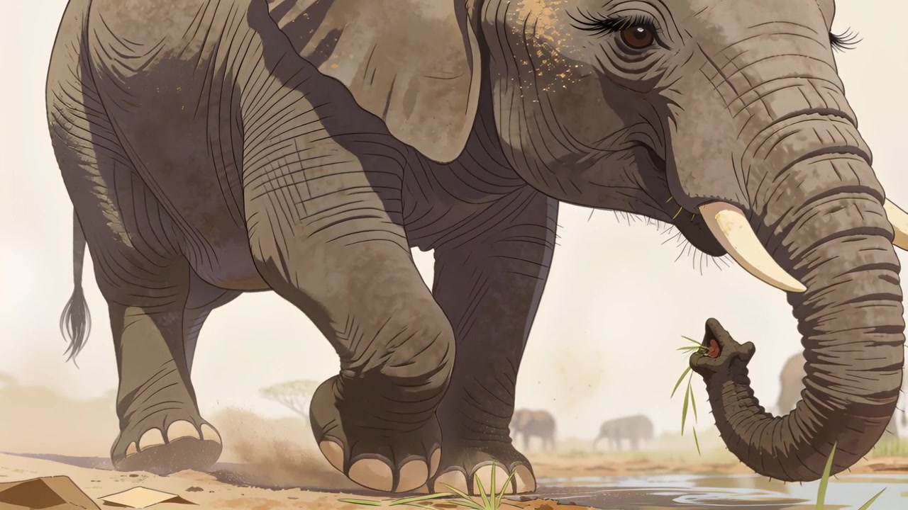Leaning elephant curling trunk, grabbing grass, drinking and stepping at dry watering hole, feeding