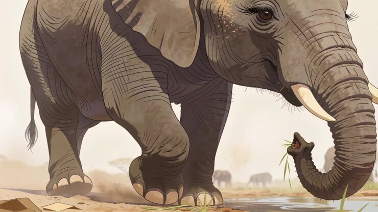 Leaning elephant curling trunk, grabbing grass, drinking and stepping at dry watering hole, feeding