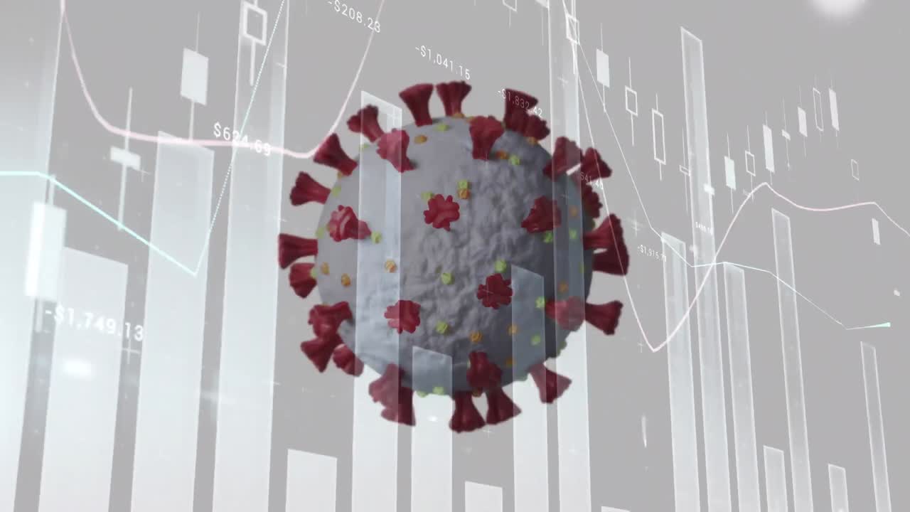 animación de la célula de covid 19 sobre estadísticas y procesamiento de datos