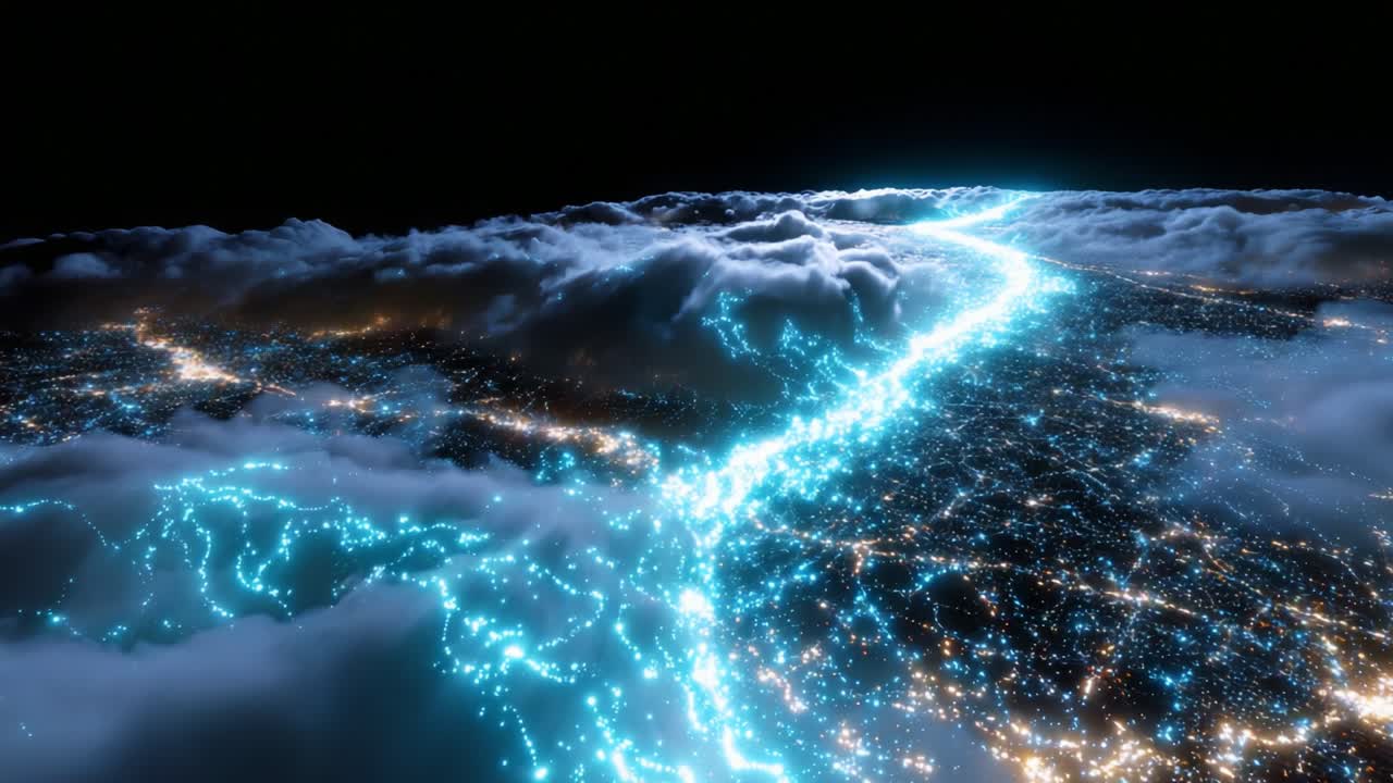 A Stunning Visualization of a Luminous Waterway Carving Through a Sea of Clouds, Showcasing the Intricate Patterns of Light and Connectivity as Night Descends Over the Earth