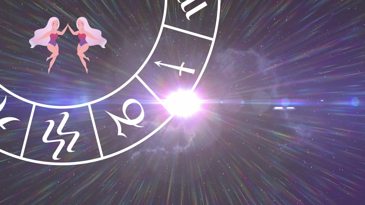 animación del signo de la estrella gemini con la rueda del horóscopo girando sobre las estrellas sobre un fondo púrpura