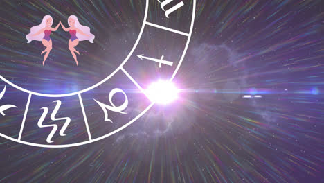 animación del signo de la estrella gemini con la rueda del horóscopo girando sobre las estrellas sobre un fondo púrpura