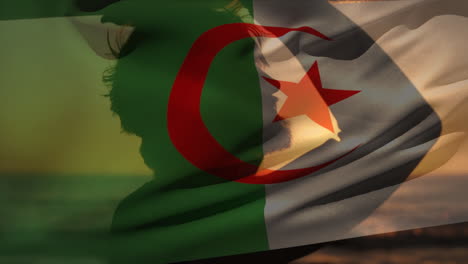 animación de la bandera de argelia sobre el hombre caucásico en la playa