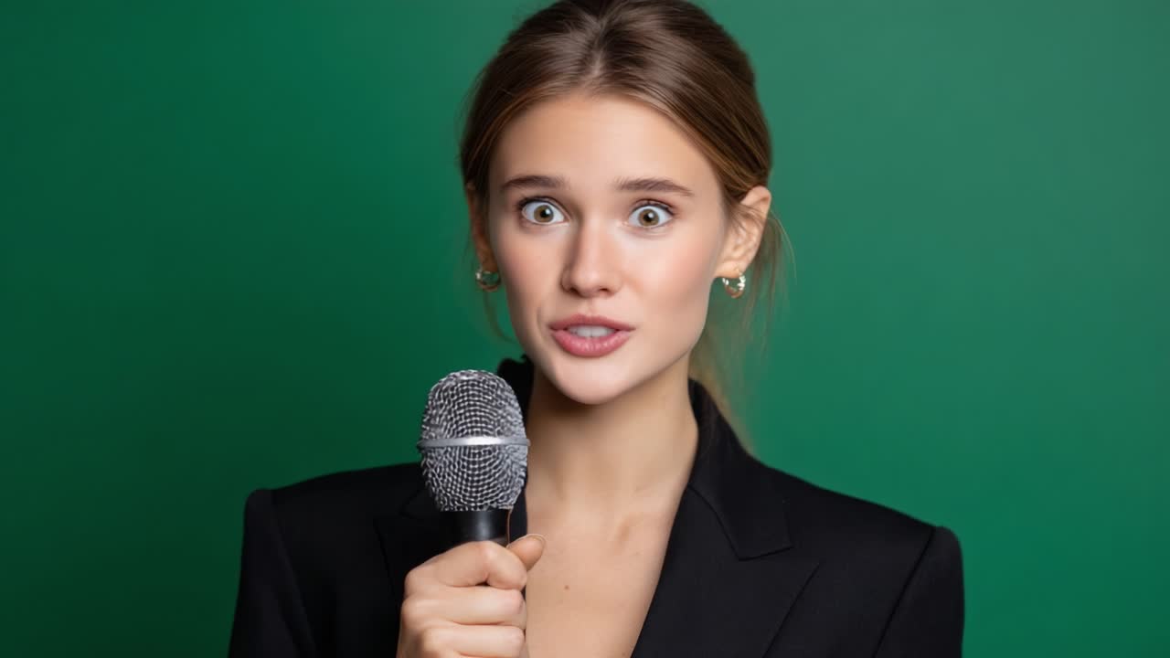 A young woman expresses surprise and excitement while holding a microphone in front of a vibrant green background, showcasing a range of emotions from shock to confidence
