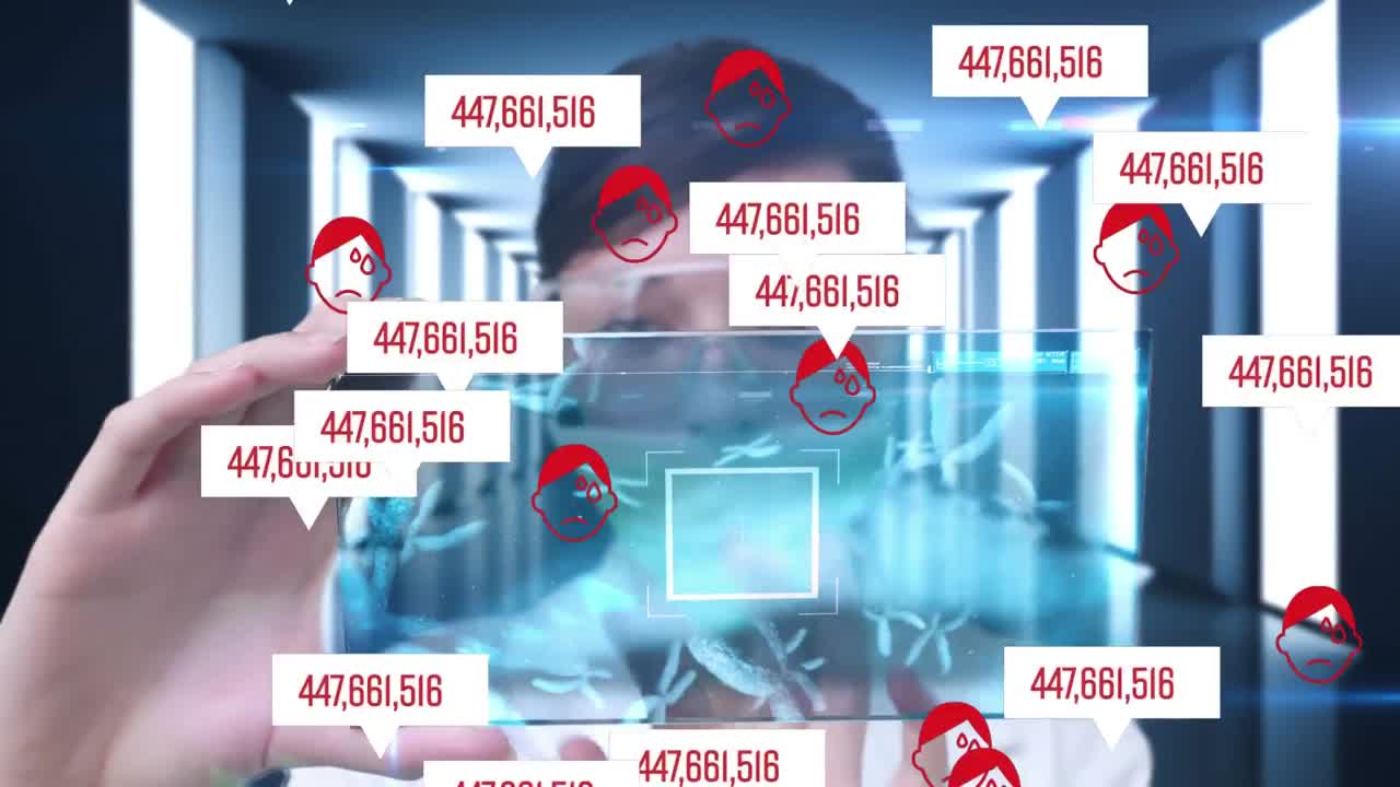 보호 마스크를 착용한 과학자의 애니메이션과 그 숫자가 증가하고 있습니다.