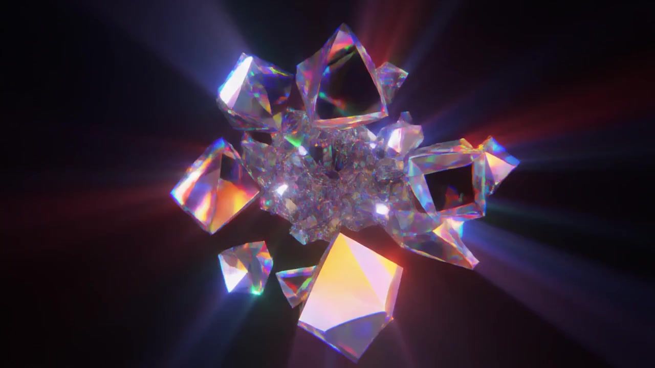 Abstrakt 3D-animering av glödande geometriska kristallfragment som expanderar