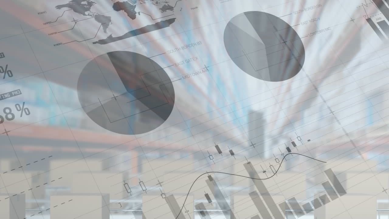 컨베이어 벨트에 있는 카드보드 상자 위에서 통계 처리의 애니메이션